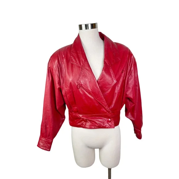 Vintage 1980's Red Leather Cropped Pelle Cuir Moto Jacket - Lined - Size M - Picture 2 of 10